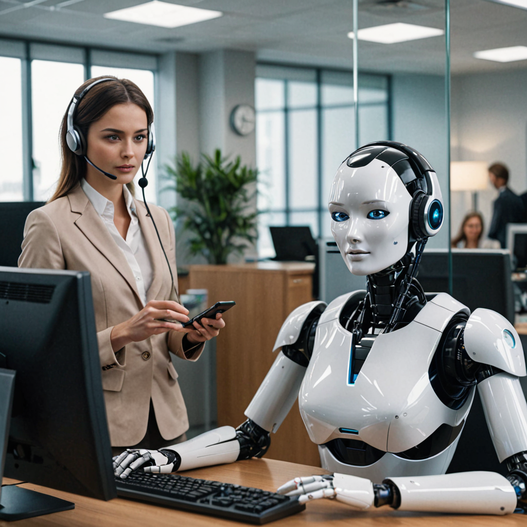 Robot at an office desk talking to a customer, automating tasks with Hero AI Voice while a receptionist observes.