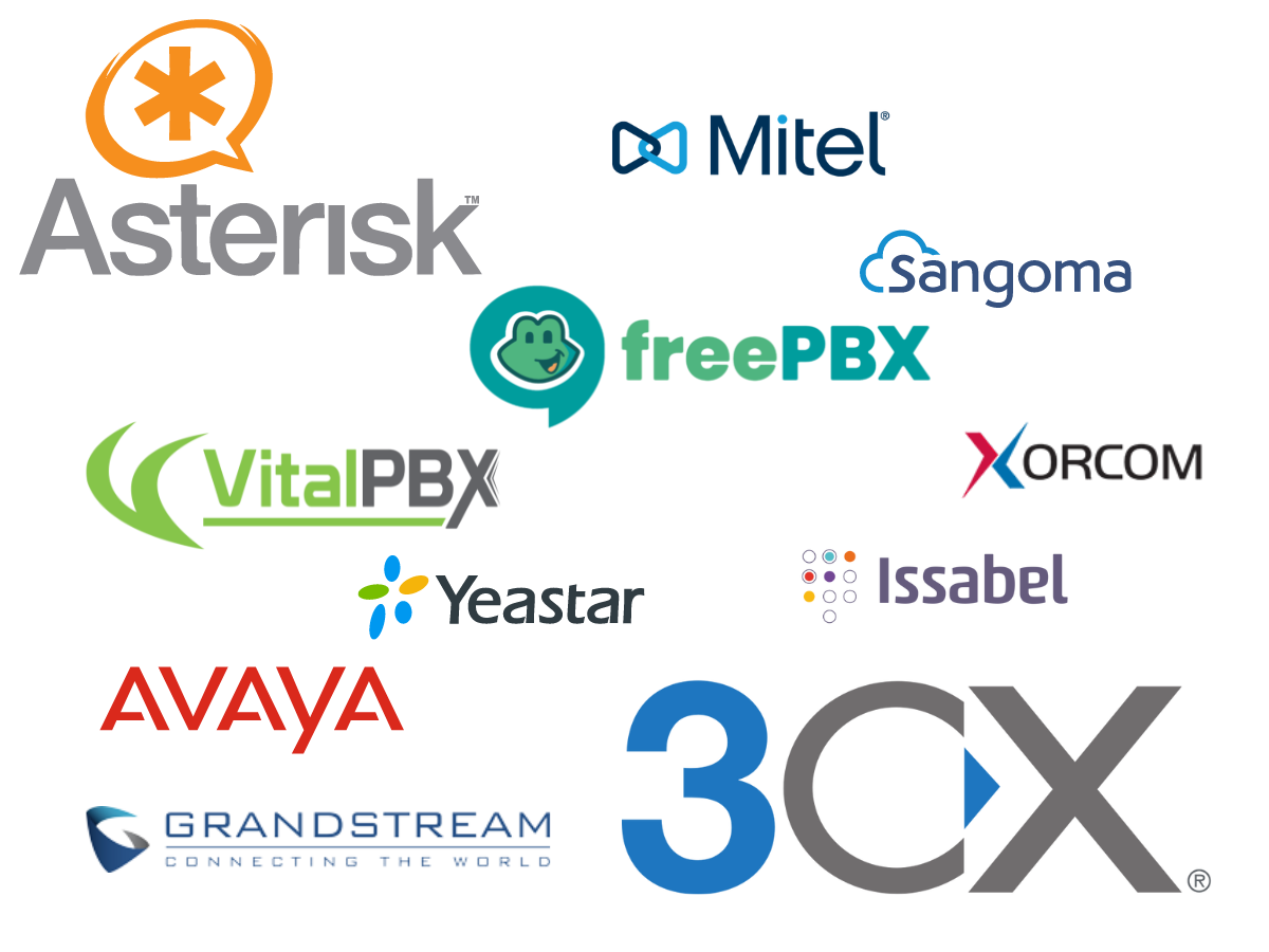 Logos of 11 PBX brands supported by Hero Internet's SIP Trunks, including Asterisk, 3CX, and FreePBX